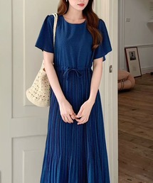 ドット柄風小花プリントウエストマークプリーツワンピース