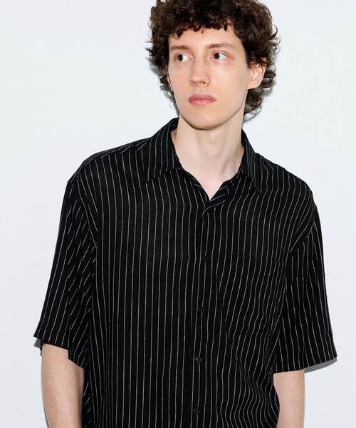 coca（coca）（コカ）の「リネンライクストライプリラックス半袖シャツ（シャツ/ブラウス・メンズ・ブラック/グレー・L/XL/M）」の7枚目の写真
