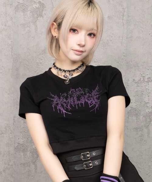 Amilige(アミリージュ)の「ハートコウモリラインストーンチビTシャツ(Tシャツ/カットソー・レディース・ブラック/ホワイト・FREE)」の1枚目の写真