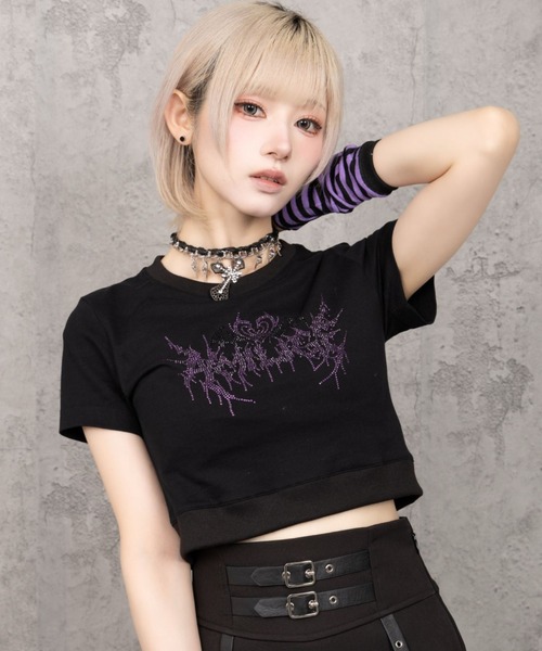 Amilige(アミリージュ)の「ハートコウモリラインストーンチビTシャツ(Tシャツ/カットソー・レディース・ブラック/ホワイト・FREE)」の3枚目の写真