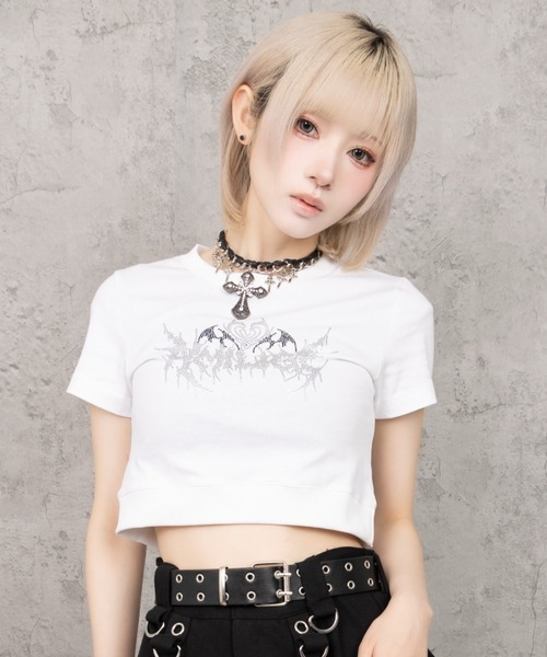 Amilige(アミリージュ)の「ハートコウモリラインストーンチビTシャツ(Tシャツ/カットソー・レディース・ブラック/ホワイト・FREE)」の10枚目の写真