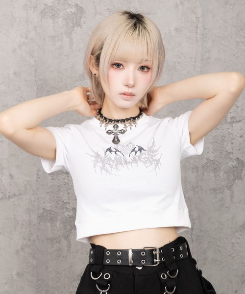 Amilige(アミリージュ)の「ハートコウモリラインストーンチビTシャツ(Tシャツ/カットソー・レディース・ブラック/ホワイト・FREE)」の9枚目の写真