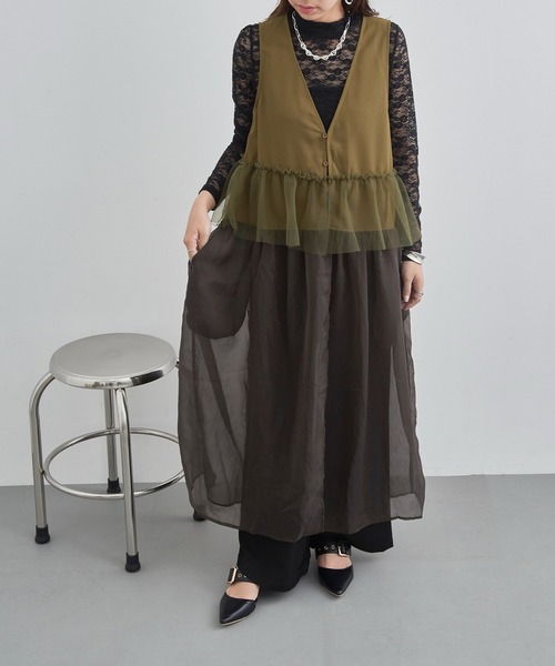 MAISON BREEZE reveur(メゾンブリーズレヴール)の「【MAISON BREEZE reveur】チュールフリルオーガンジーワンピース trc(ワンピース・レディース・ダークブラウン/オリーブ/ブラック・FREE)」の5枚目の写真