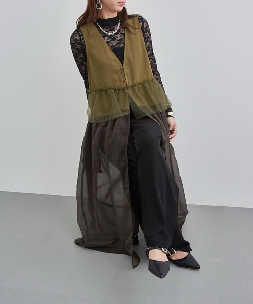 MAISON BREEZE reveur(メゾンブリーズレヴール)の「【MAISON BREEZE reveur】チュールフリルオーガンジーワンピース trc(ワンピース・レディース・ダークブラウン/オリーブ/ブラック・FREE)」の4枚目の写真