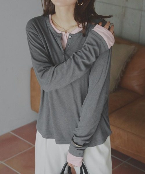 Pierrot(ピエロ)の「ヘンリーネック/ゆるてろテレコリブカットソー(Tシャツ/カットソー・レディース・ブラウン/ブラック/オフホワイト/チャコール/ピンク・3L/LL/L/M)」の10枚目の写真