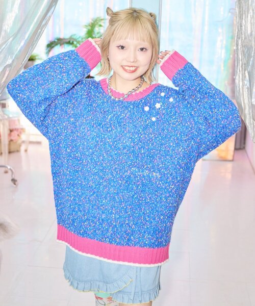 HELLO.SANFRANCISCO(ハローサンフランシスコ)の「【HELLO.SANFRANCISCO】ボタン付カラフルオーバーニット(ニット/セーター・レディース・ホワイト/イエロー/ブルー・ONE SIZE)」の1枚目の写真