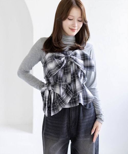 clear（クリア）の「チェック柄ダブルリボンビスチェ［骨格ウェーブ／韓国ガーリー／フェミニン］（シャツ/ブラウス・レディース・イエロー/ブラック/マルチ・F）」の4枚目の写真