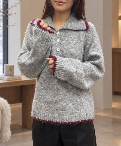 CORNERS(コーナーズ)の「配色ポロネックニットトップス(ニット/セーター・レディース・チャコールグレー/アイボリー/マスタード/杢グレー・M)」の3枚目の写真