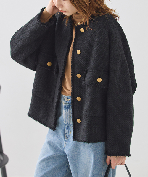 journal standard L'essage(ジャーナルスタンダードレサージュ)の「《追加》GIOLICA ツイード D/Sジャケット(ノーカラージャケット・レディース・ブラック・FREE)」の1枚目の写真