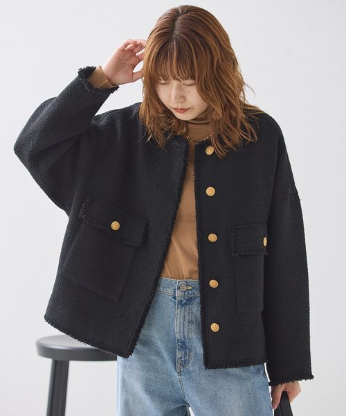 journal standard L'essage(ジャーナルスタンダードレサージュ)の「《追加》GIOLICA ツイード D/Sジャケット(ノーカラージャケット・レディース・ブラック・FREE)」の4枚目の写真