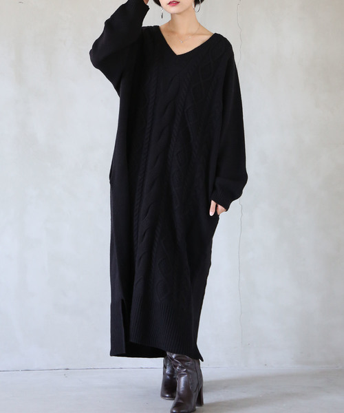 osharewalker（オシャレウォーカー）の「『アランケーブルニットワンピース』（ワンピース・レディース・ブラック/モスグリーン/プラム/アイボリー/チャコールグレー/チャコール・FREE）」の7枚目の写真