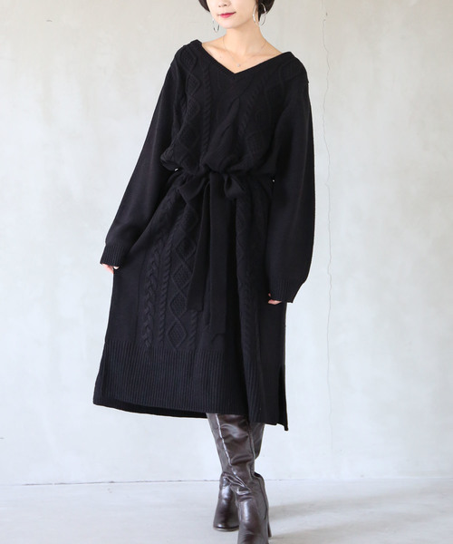 osharewalker（オシャレウォーカー）の「『アランケーブルニットワンピース』（ワンピース・レディース・ブラック/モスグリーン/プラム/アイボリー/チャコールグレー/チャコール・FREE）」の9枚目の写真