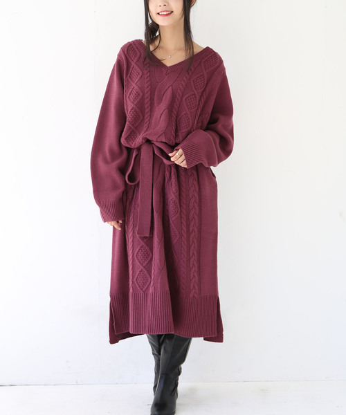 osharewalker（オシャレウォーカー）の「『アランケーブルニットワンピース』（ワンピース・レディース・ブラック/モスグリーン/プラム/アイボリー/チャコールグレー/チャコール・FREE）」の14枚目の写真