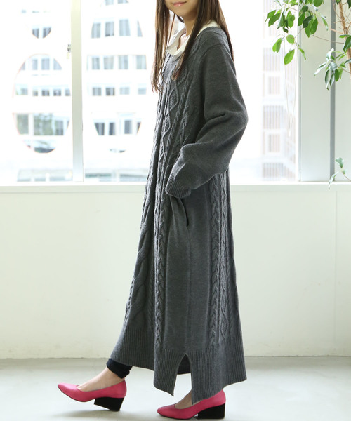 osharewalker（オシャレウォーカー）の「『アランケーブルニットワンピース』（ワンピース・レディース・ブラック/モスグリーン/プラム/アイボリー/チャコールグレー/チャコール・FREE）」の15枚目の写真