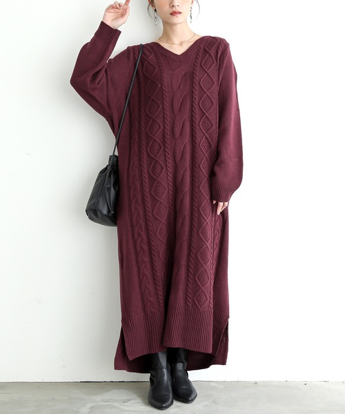 osharewalker（オシャレウォーカー）の「『アランケーブルニットワンピース』（ワンピース・レディース・ブラック/モスグリーン/プラム/アイボリー/チャコールグレー/チャコール・FREE）」の6枚目の写真