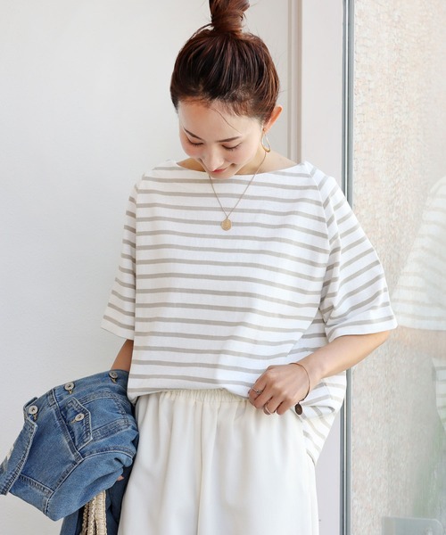 andme(アンドミー)の「コットン半袖ボートネックTシャツ(Tシャツ/カットソー・レディース・ホワイト×ブラック/ベージュ系その他/ブラック/グリーン/ピンク系その他/ピンク/グレイッシュベージュ・M)」の3枚目の写真