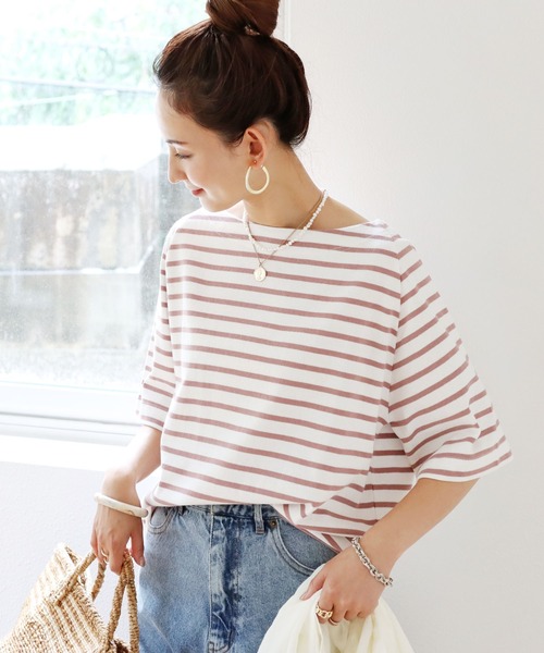 andme(アンドミー)の「コットン半袖ボートネックTシャツ(Tシャツ/カットソー・レディース・ホワイト×ブラック/ベージュ系その他/ブラック/グリーン/ピンク系その他/ピンク/グレイッシュベージュ・M)」の7枚目の写真