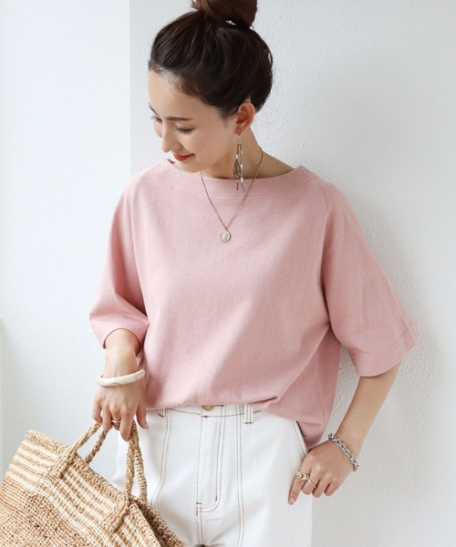 andme(アンドミー)の「コットン半袖ボートネックTシャツ(Tシャツ/カットソー・レディース・ホワイト×ブラック/ベージュ系その他/ブラック/グリーン/ピンク系その他/ピンク/グレイッシュベージュ・M)」の6枚目の写真