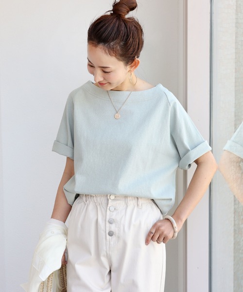 andme(アンドミー)の「コットン半袖ボートネックTシャツ(Tシャツ/カットソー・レディース・ホワイト×ブラック/ベージュ系その他/ブラック/グリーン/ピンク系その他/ピンク/グレイッシュベージュ・M)」の5枚目の写真