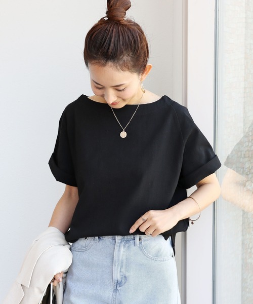 andme(アンドミー)の「コットン半袖ボートネックTシャツ(Tシャツ/カットソー・レディース・ホワイト×ブラック/ベージュ系その他/ブラック/グリーン/ピンク系その他/ピンク/グレイッシュベージュ・M)」の2枚目の写真