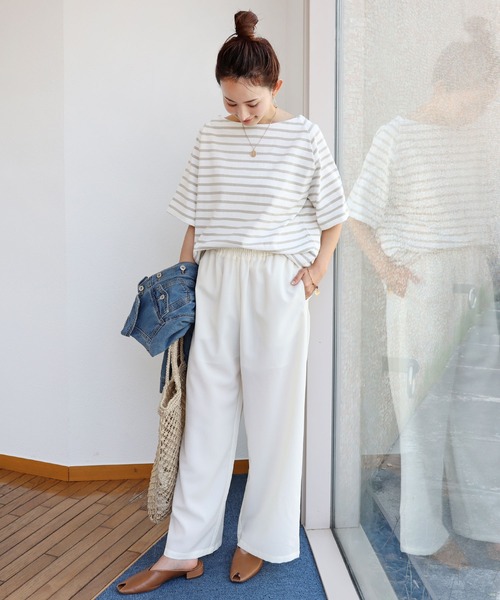 andme(アンドミー)の「コットン半袖ボートネックTシャツ(Tシャツ/カットソー・レディース・ホワイト×ブラック/ベージュ系その他/ブラック/グリーン/ピンク系その他/ピンク/グレイッシュベージュ・M)」の8枚目の写真