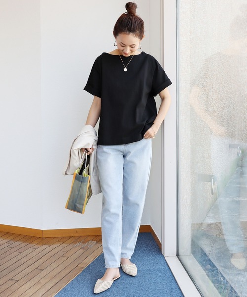 andme(アンドミー)の「コットン半袖ボートネックTシャツ(Tシャツ/カットソー・レディース・ホワイト×ブラック/ベージュ系その他/ブラック/グリーン/ピンク系その他/ピンク/グレイッシュベージュ・M)」の10枚目の写真