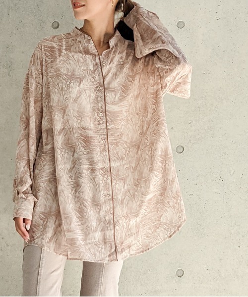 Per sist ence（パーシエンス）の「Per sist ence/パーシエンス　マーブルプリント バンドカラーシャツ（シャツ/ブラウス・レディース・グリーン/オレンジ/グレー・FREE）」の3枚目の写真