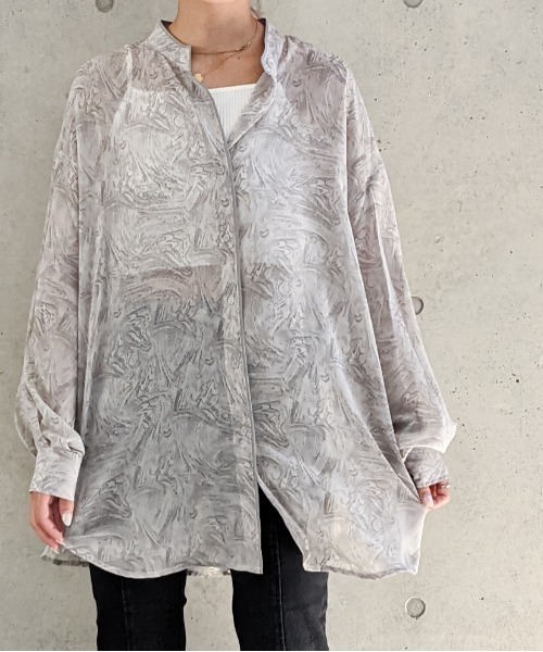 Per sist ence（パーシエンス）の「Per sist ence/パーシエンス　マーブルプリント バンドカラーシャツ（シャツ/ブラウス・レディース・グリーン/オレンジ/グレー・FREE）」の6枚目の写真