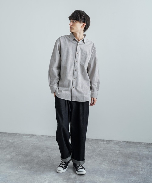 Rocky Monroe(ロッキーモンロー)の「オーバーサイズ ヒッコリーストライプレギュラーカラーロングシャツ(シャツ/ブラウス・メンズ・ホワイト/ネイビー・M/L)」の14枚目の写真
