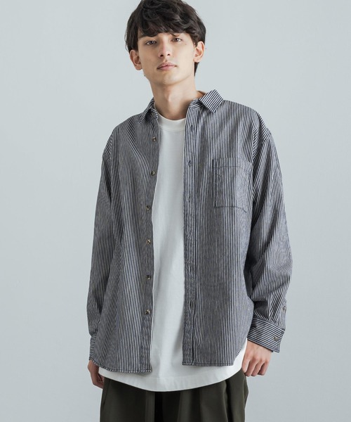 Rocky Monroe(ロッキーモンロー)の「オーバーサイズ ヒッコリーストライプレギュラーカラーロングシャツ(シャツ/ブラウス・メンズ・ホワイト/ネイビー・M/L)」の8枚目の写真