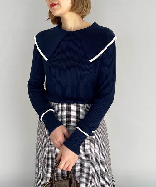 PICCIN（ピッチン）の「ショールカラーリブニット（ニット/セーター・レディース・ブラック/オフホワイト/ブルー・M）」の3枚目の写真