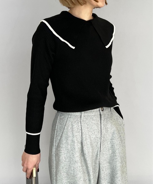 PICCIN（ピッチン）の「ショールカラーリブニット（ニット/セーター・レディース・ブラック/オフホワイト/ブルー・M）」の2枚目の写真