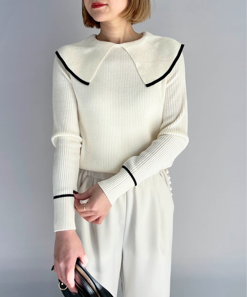 PICCIN（ピッチン）の「ショールカラーリブニット（ニット/セーター・レディース・ブラック/オフホワイト/ブルー・M）」の4枚目の写真