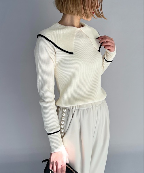 PICCIN（ピッチン）の「ショールカラーリブニット（ニット/セーター・レディース・ブラック/オフホワイト/ブルー・M）」の5枚目の写真