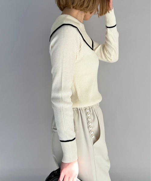 PICCIN（ピッチン）の「ショールカラーリブニット（ニット/セーター・レディース・ブラック/オフホワイト/ブルー・M）」の7枚目の写真