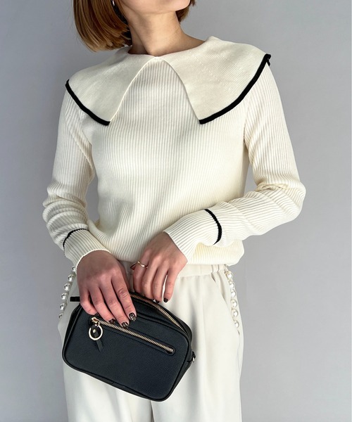 PICCIN（ピッチン）の「ショールカラーリブニット（ニット/セーター・レディース・ブラック/オフホワイト/ブルー・M）」の8枚目の写真