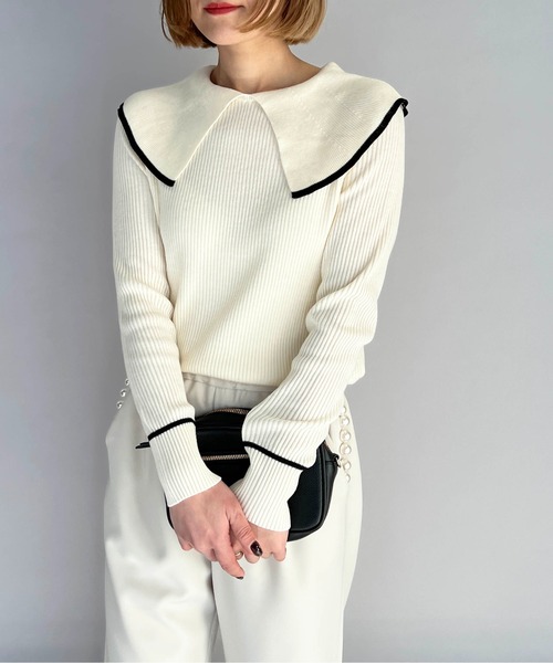 PICCIN（ピッチン）の「ショールカラーリブニット（ニット/セーター・レディース・ブラック/オフホワイト/ブルー・M）」の9枚目の写真