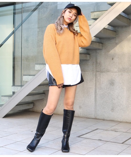 ANAP(アナップ)の「カラークロップドニットトップス(ニット/セーター・レディース・ダークブラウン/ベージュ/ピンク/グリーン/マスタード・FREE)」の6枚目の写真