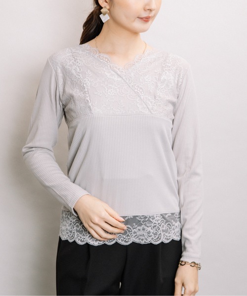 ELVENCE DEUX（エルベンスドゥ）の「レースVナガソデインナー（Tシャツ/カットソー・レディース・ブラック/グレー/オフホワイト・MEDIUM/LARGE）」の3枚目の写真