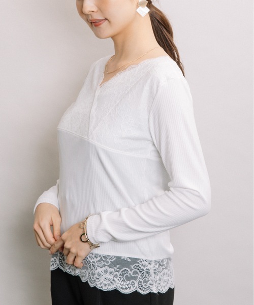 ELVENCE DEUX（エルベンスドゥ）の「レースVナガソデインナー（Tシャツ/カットソー・レディース・ブラック/グレー/オフホワイト・MEDIUM/LARGE）」の2枚目の写真