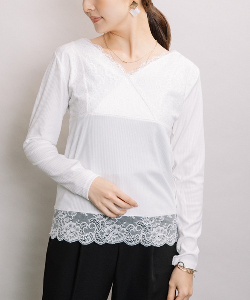 ELVENCE DEUX（エルベンスドゥ）の「レースVナガソデインナー（Tシャツ/カットソー・レディース・ブラック/グレー/オフホワイト・MEDIUM/LARGE）」の11枚目の写真