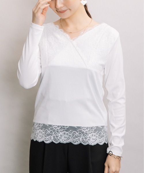 ELVENCE DEUX（エルベンスドゥ）の「レースVナガソデインナー（Tシャツ/カットソー・レディース・ブラック/グレー/オフホワイト・MEDIUM/LARGE）」の12枚目の写真