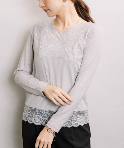 ELVENCE DEUX（エルベンスドゥ）の「レースVナガソデインナー（Tシャツ/カットソー・レディース・ブラック/グレー/オフホワイト・MEDIUM/LARGE）」の21枚目の写真