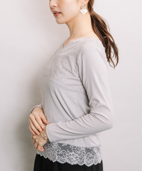 ELVENCE DEUX（エルベンスドゥ）の「レースVナガソデインナー（Tシャツ/カットソー・レディース・ブラック/グレー/オフホワイト・MEDIUM/LARGE）」の16枚目の写真