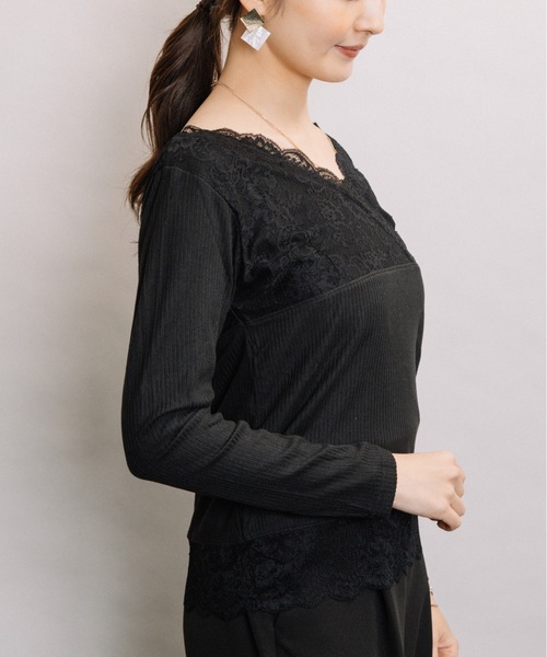 ELVENCE DEUX（エルベンスドゥ）の「レースVナガソデインナー（Tシャツ/カットソー・レディース・ブラック/グレー/オフホワイト・MEDIUM/LARGE）」の6枚目の写真