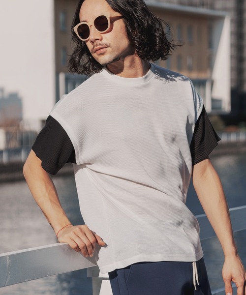 many more times(メニーモアタイムス)の「mt7755-ドロップショルダーワッフルTシャツ(Tシャツ/カットソー・メンズ・ブルーグリーン/カーキ/ホワイト・L/S/M)」の1枚目の写真