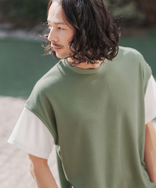 many more times(メニーモアタイムス)の「mt7755-ドロップショルダーワッフルTシャツ(Tシャツ/カットソー・メンズ・ブルーグリーン/カーキ/ホワイト・L/S/M)」の3枚目の写真
