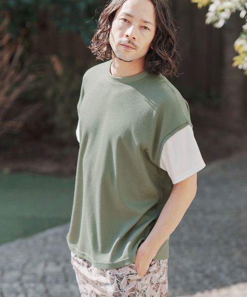 many more times(メニーモアタイムス)の「mt7755-ドロップショルダーワッフルTシャツ(Tシャツ/カットソー・メンズ・ブルーグリーン/カーキ/ホワイト・L/S/M)」の4枚目の写真