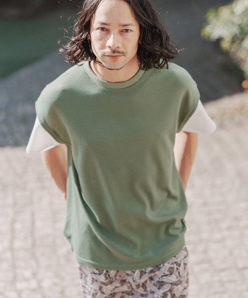 many more times(メニーモアタイムス)の「mt7755-ドロップショルダーワッフルTシャツ(Tシャツ/カットソー・メンズ・ブルーグリーン/カーキ/ホワイト・L/S/M)」の5枚目の写真