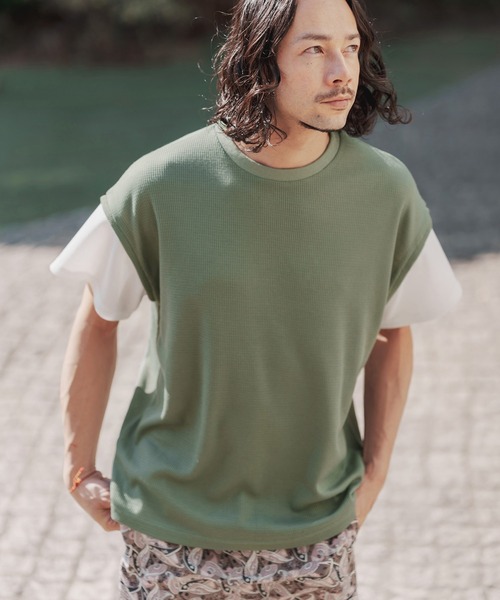 many more times(メニーモアタイムス)の「mt7755-ドロップショルダーワッフルTシャツ(Tシャツ/カットソー・メンズ・ブルーグリーン/カーキ/ホワイト・L/S/M)」の6枚目の写真